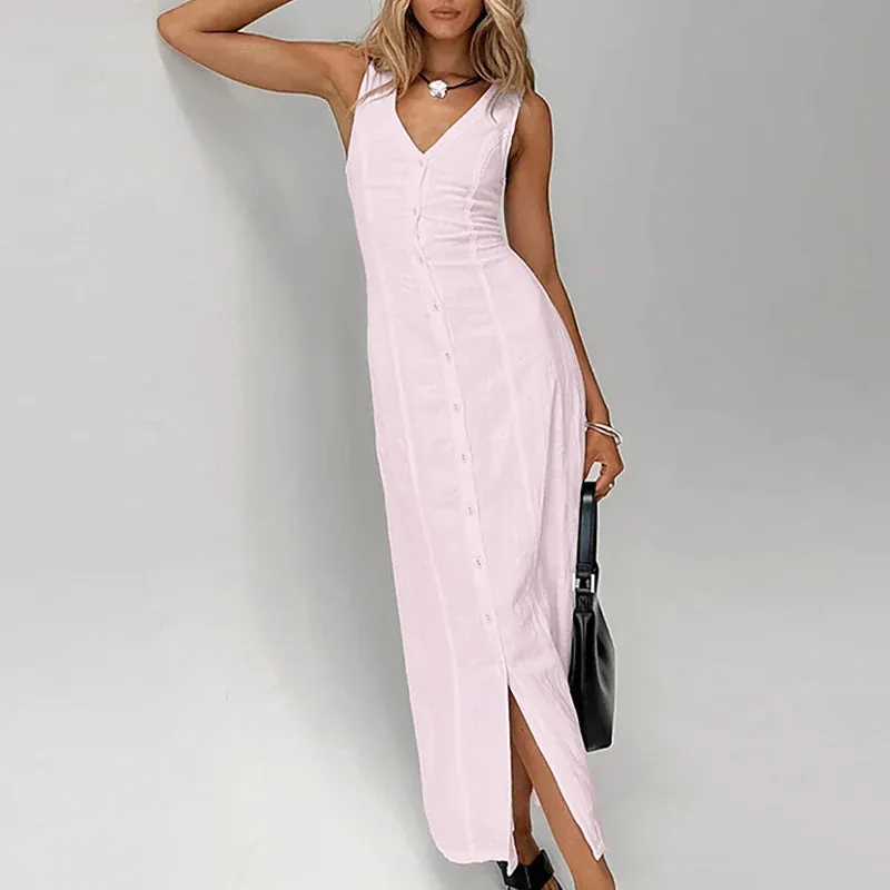 Elegant Sleeveless Split Casual V-neck Solid Color Slim Long Simple Solid Single Breasted Party Lady Dress