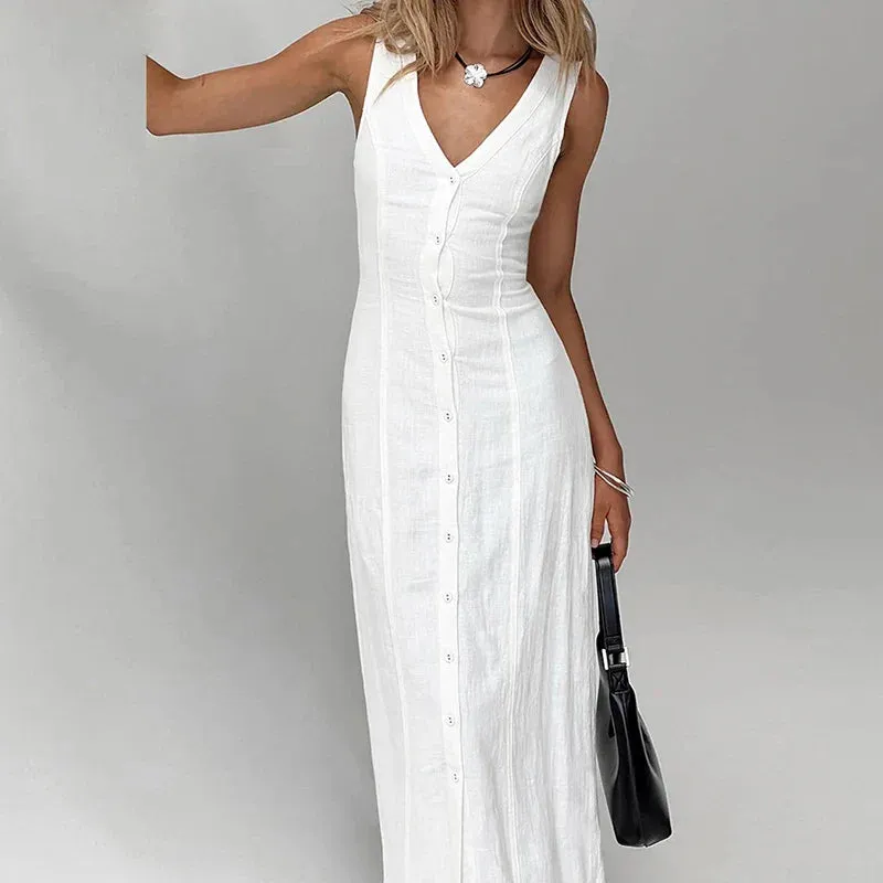 Elegant Sleeveless Split Casual V-neck Solid Color Slim Long Simple Solid Single Breasted Party Lady Dress