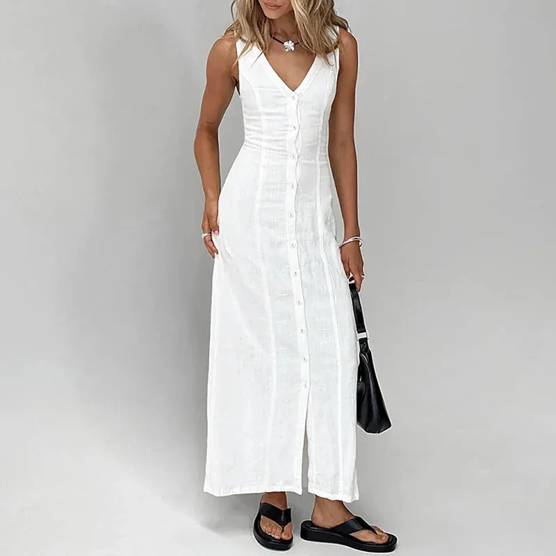 Elegant Sleeveless Split Casual V-neck Solid Color Slim Long Simple Solid Single Breasted Party Lady Dress