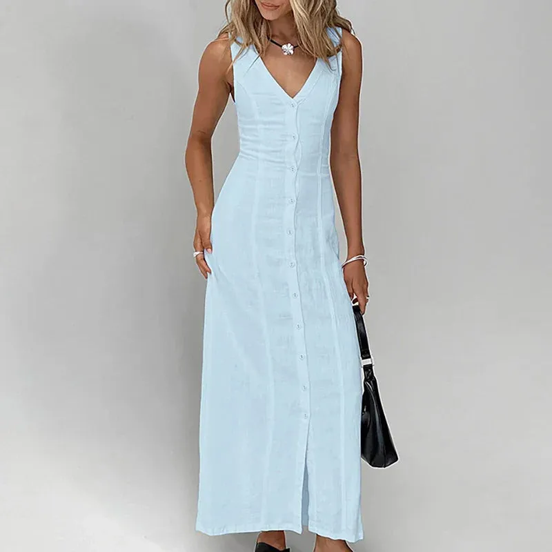 Elegant Sleeveless Split Casual V-neck Solid Color Slim Long Simple Solid Single Breasted Party Lady Dress