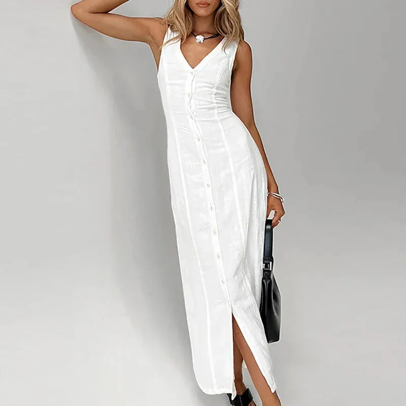 Elegant Sleeveless Split Casual V-neck Solid Color Slim Long Simple Solid Single Breasted Party Lady Dress
