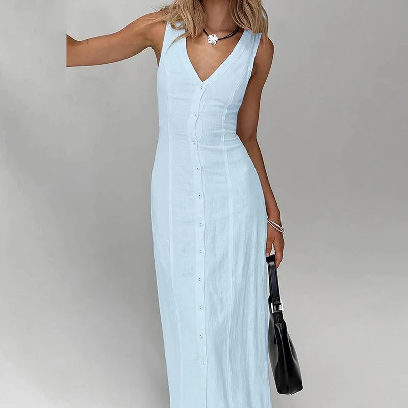 Elegant Sleeveless Split Casual V-neck Solid Color Slim Long Simple Solid Single Breasted Party Lady Dress