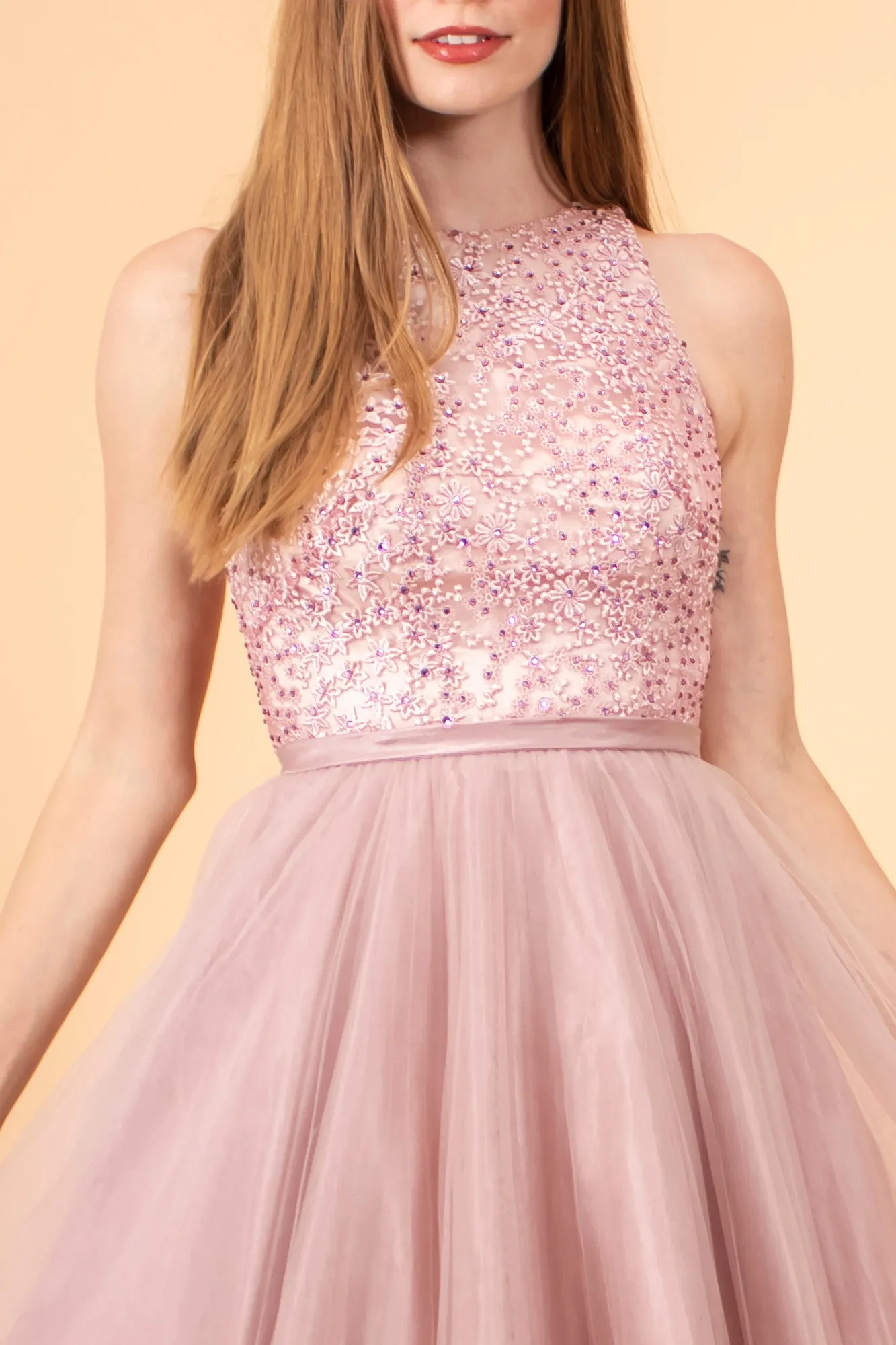 Elizabeth K - GS1610 - Layered Tulle Crew-Neck Cocktail Dress - Short