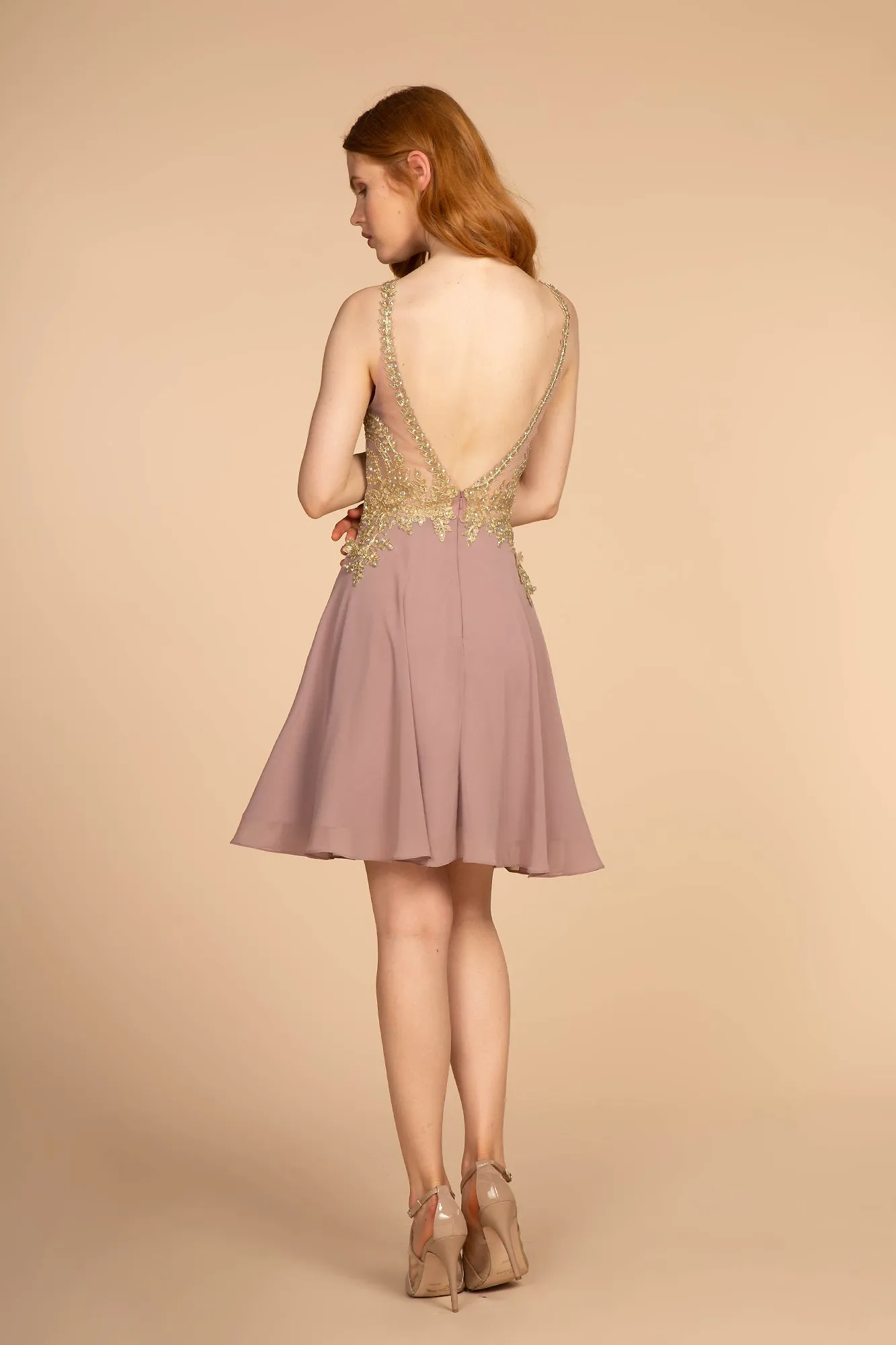 Elizabeth K - GS1615 - Embroidered Bodice Chiffon Cocktail Dress - Short