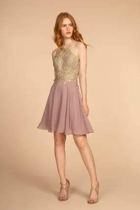 Elizabeth K - GS1615 - Embroidered Bodice Chiffon Cocktail Dress - Short