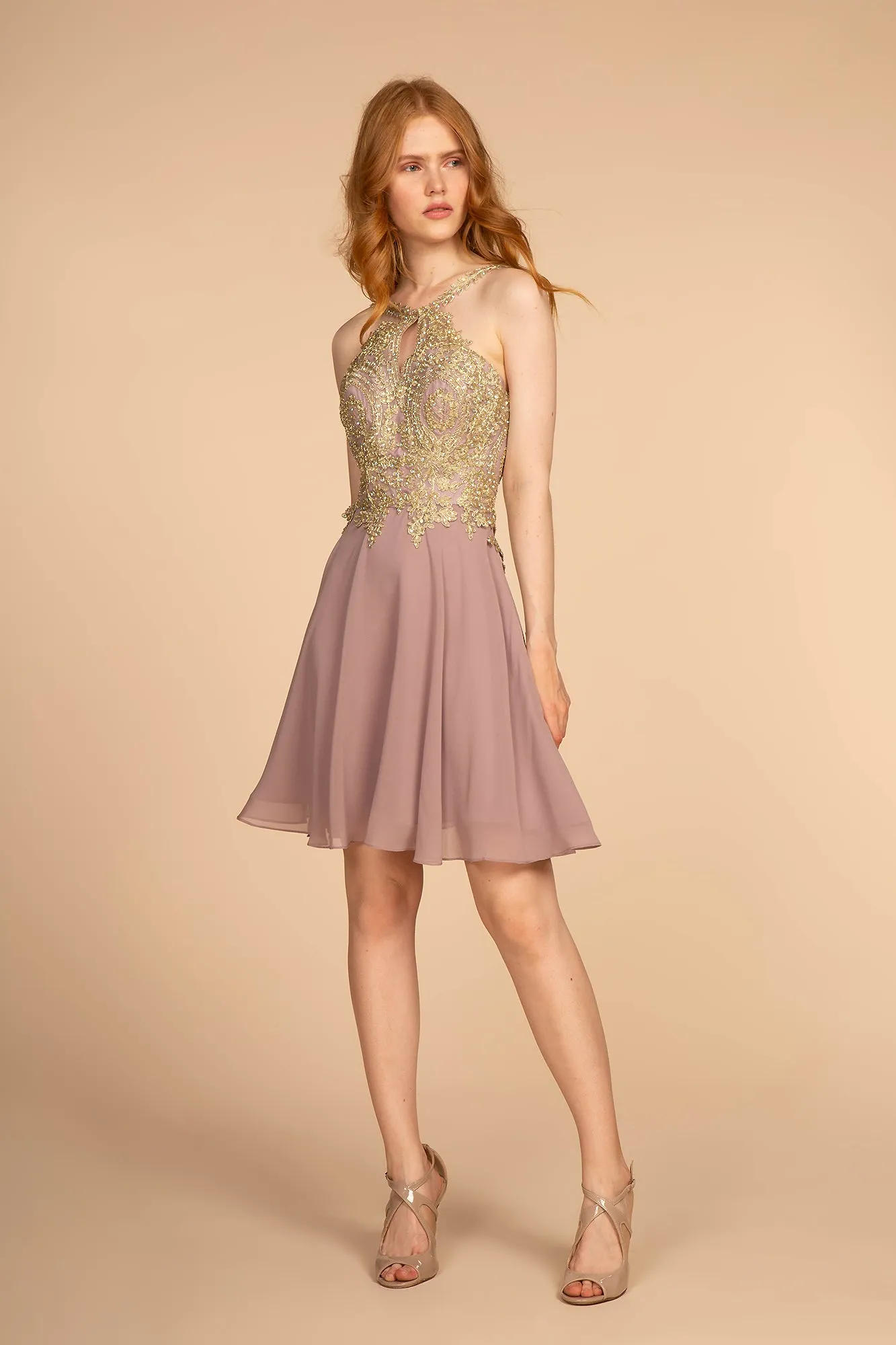 Elizabeth K - GS1615 - Embroidered Bodice Chiffon Cocktail Dress - Short