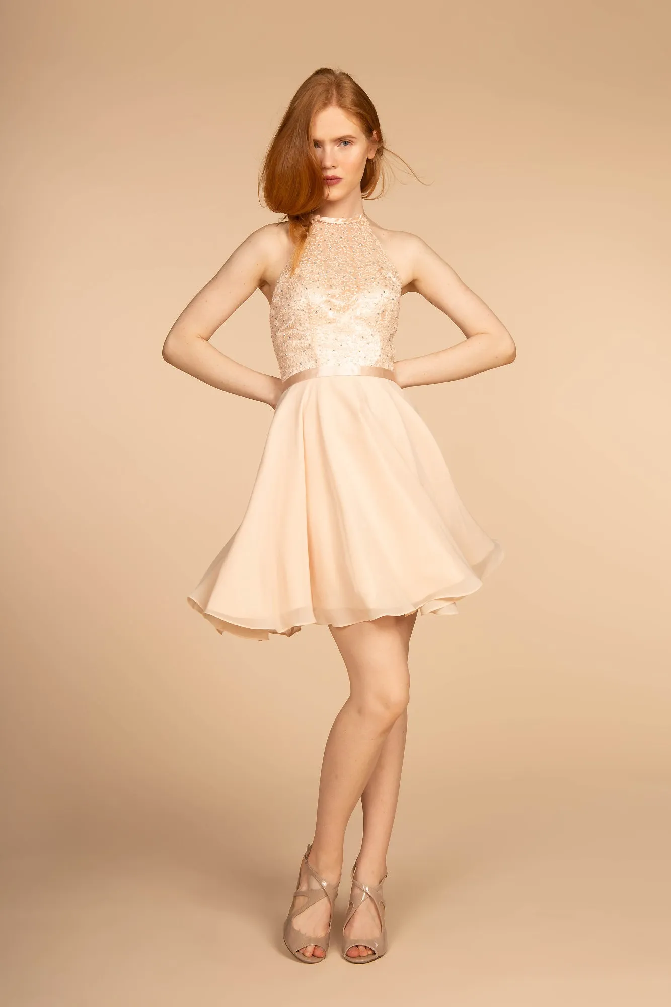 Elizabeth K - GS1621 - High-Neck Halter Cocktail Dress - Short