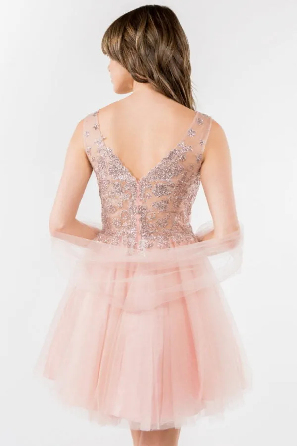 Elizabeth K - GS1968 - Embellished Bodice V-Neck Tulle Short Cocktail Dress