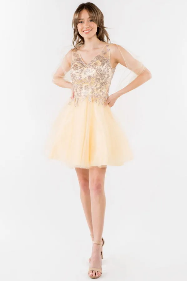 Elizabeth K - GS1968 - Embellished Bodice V-Neck Tulle Short Cocktail Dress