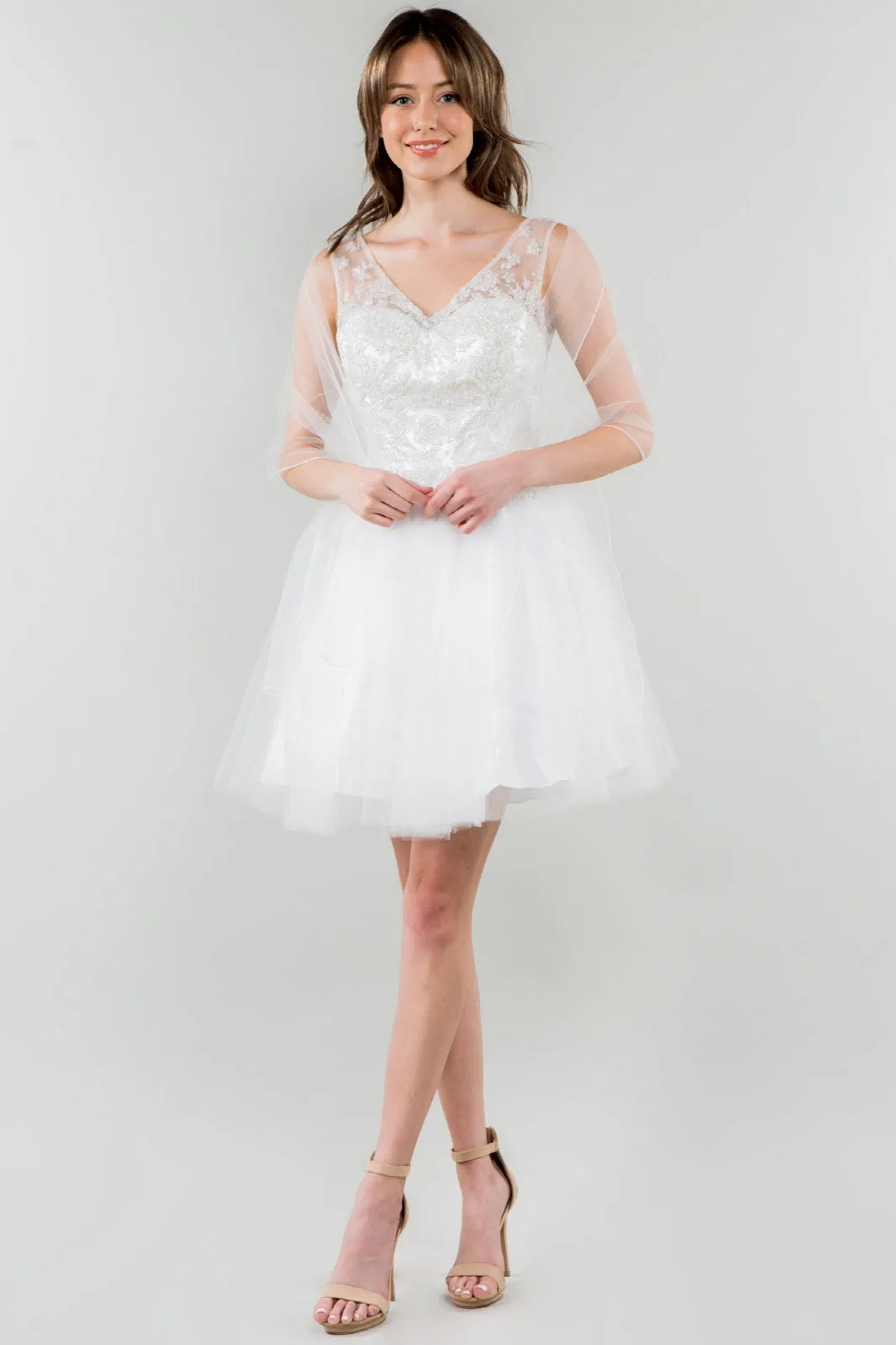 Elizabeth K - GS1968 - Embellished Bodice V-Neck Tulle Short Cocktail Dress