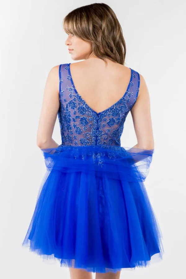 Elizabeth K - GS1968 - Embellished Bodice V-Neck Tulle Short Cocktail Dress