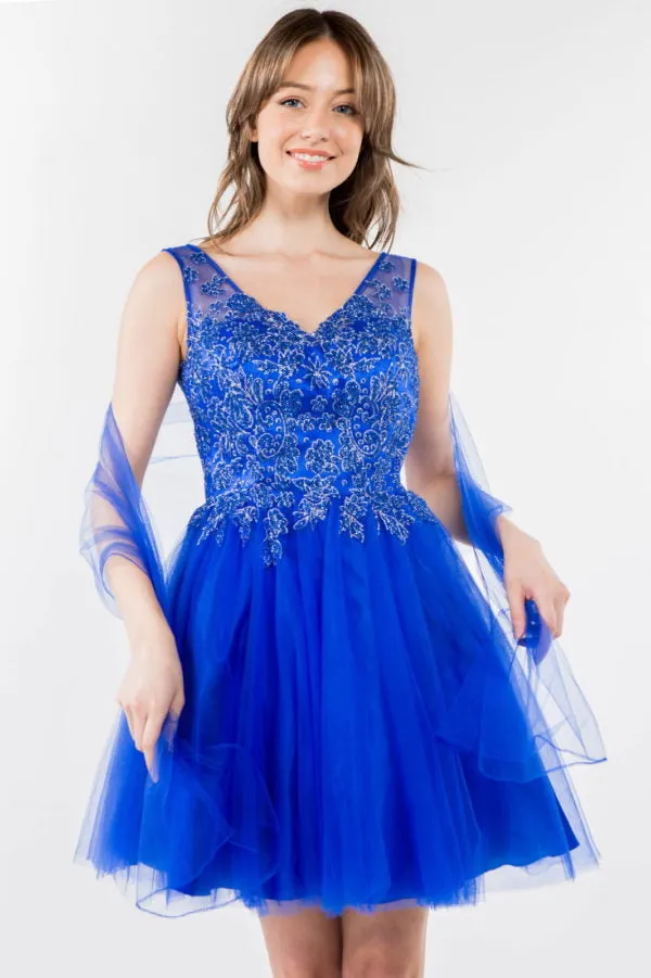 Elizabeth K - GS1968 - Embellished Bodice V-Neck Tulle Short Cocktail Dress