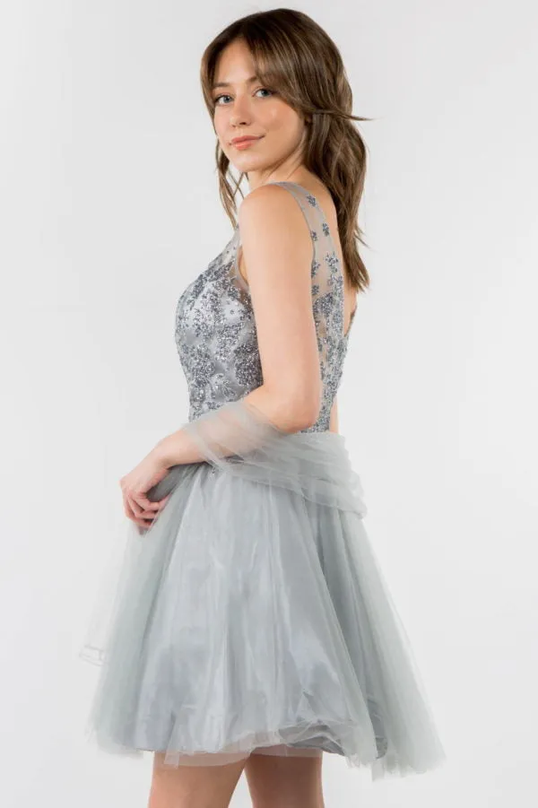 Elizabeth K - GS1968 - Embellished Bodice V-Neck Tulle Short Cocktail Dress