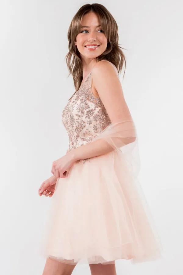 Elizabeth K - GS1968 - Embellished Bodice V-Neck Tulle Short Cocktail Dress