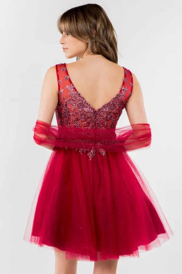 Elizabeth K - GS1968 - Embellished Bodice V-Neck Tulle Short Cocktail Dress
