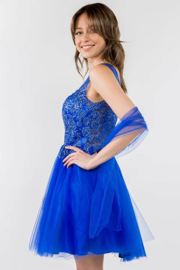 Elizabeth K - GS1968 - Embellished Bodice V-Neck Tulle Short Cocktail Dress