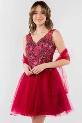 Elizabeth K - GS1968 - Embellished Bodice V-Neck Tulle Short Cocktail Dress