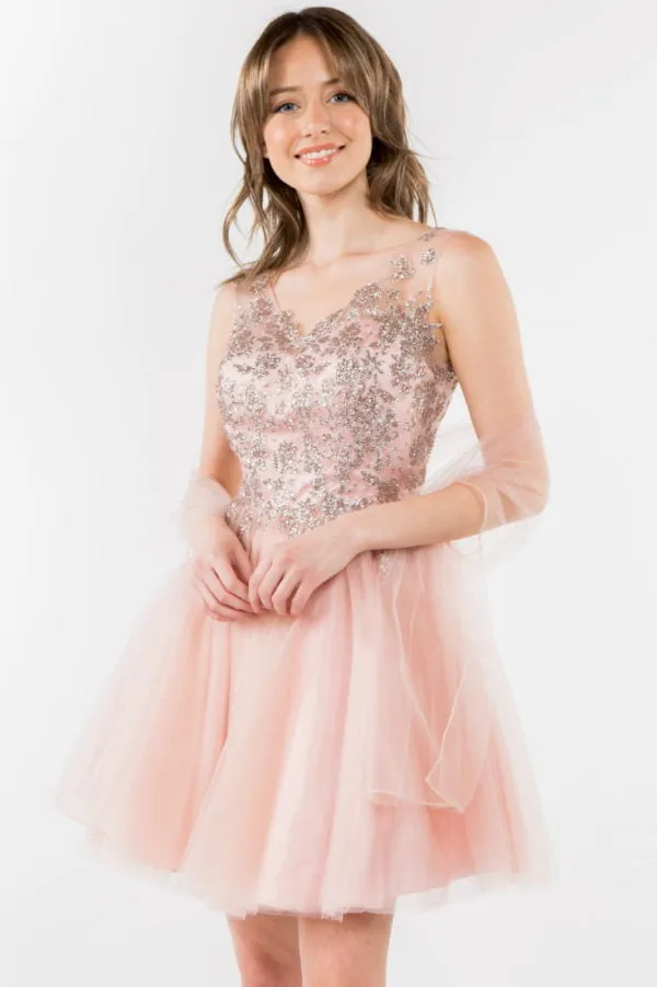 Elizabeth K - GS1968 - Embellished Bodice V-Neck Tulle Short Cocktail Dress