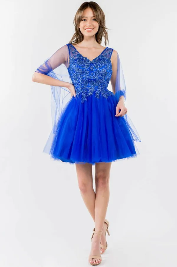 Elizabeth K - GS1968 - Embellished Bodice V-Neck Tulle Short Cocktail Dress