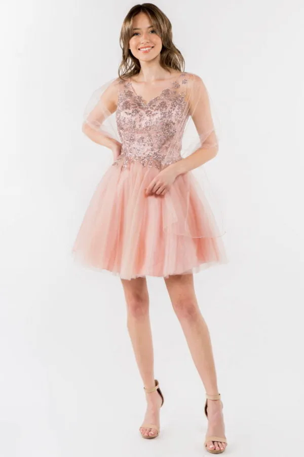 Elizabeth K - GS1968 - Embellished Bodice V-Neck Tulle Short Cocktail Dress