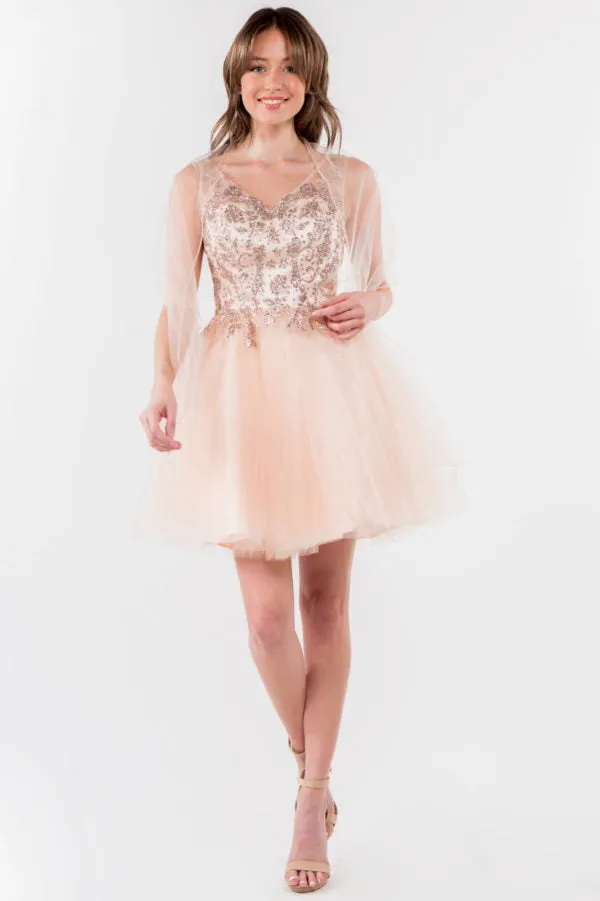 Elizabeth K - GS1968 - Embellished Bodice V-Neck Tulle Short Cocktail Dress