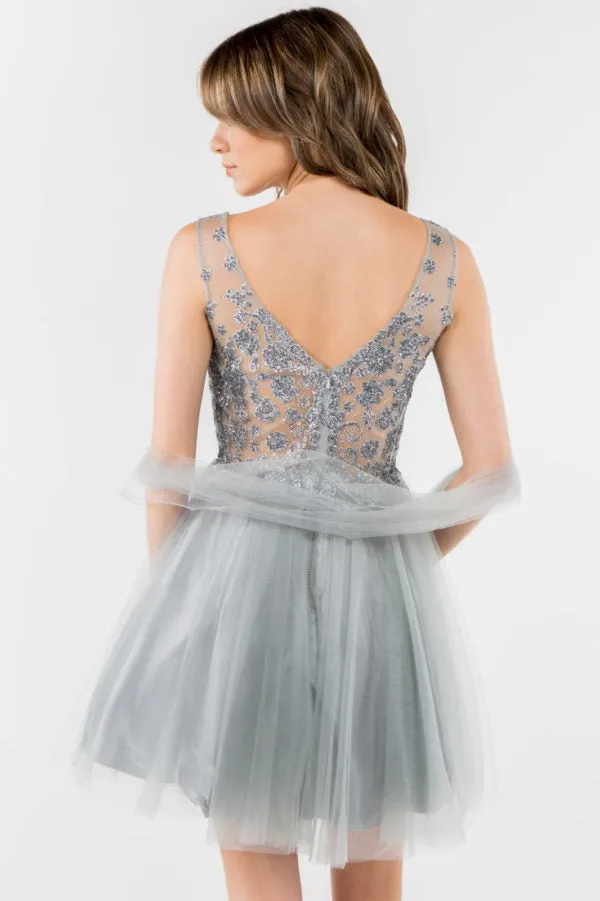 Elizabeth K - GS1968 - Embellished Bodice V-Neck Tulle Short Cocktail Dress