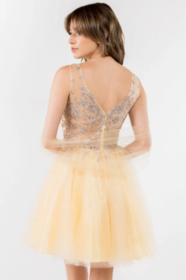 Elizabeth K - GS1968 - Embellished Bodice V-Neck Tulle Short Cocktail Dress