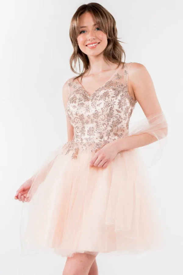 Elizabeth K - GS1968 - Embellished Bodice V-Neck Tulle Short Cocktail Dress