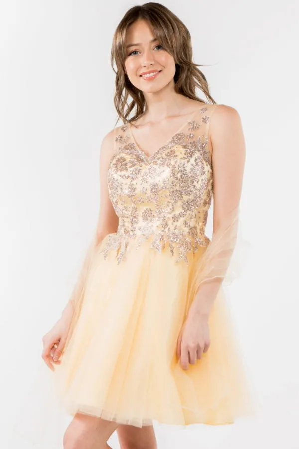 Elizabeth K - GS1968 - Embellished Bodice V-Neck Tulle Short Cocktail Dress