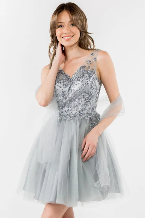Elizabeth K - GS1968 - Embellished Bodice V-Neck Tulle Short Cocktail Dress