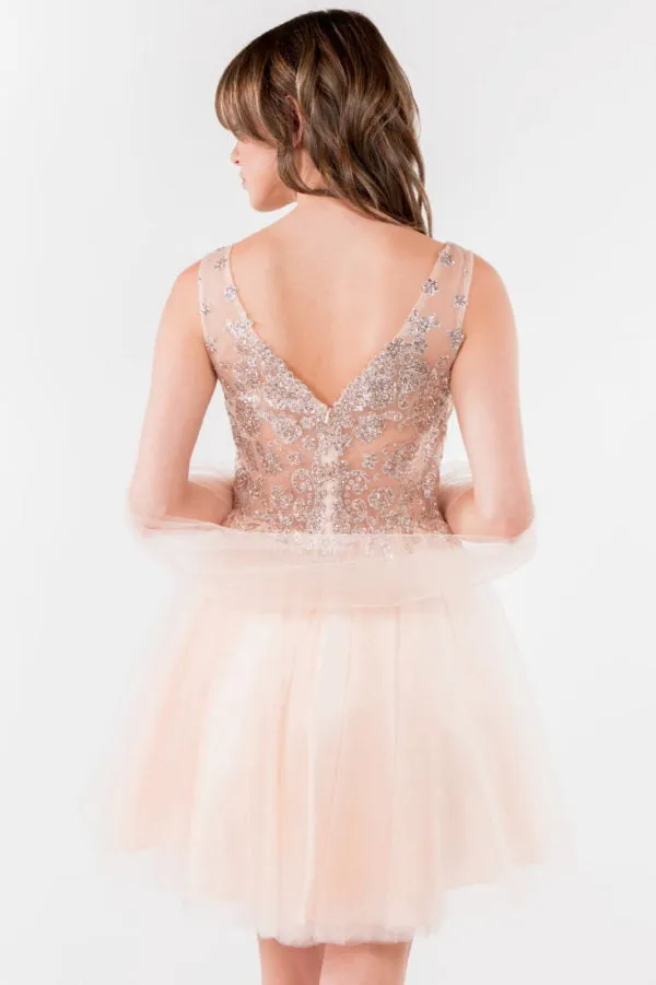 Elizabeth K - GS1968 - Embellished Bodice V-Neck Tulle Short Cocktail Dress