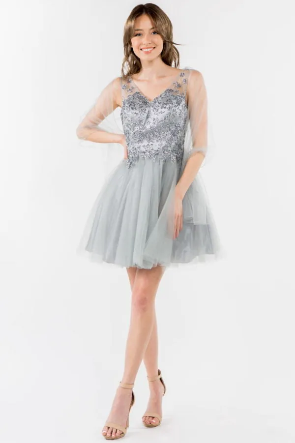 Elizabeth K - GS1968 - Embellished Bodice V-Neck Tulle Short Cocktail Dress