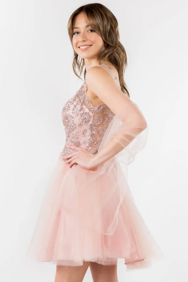Elizabeth K - GS1968 - Embellished Bodice V-Neck Tulle Short Cocktail Dress