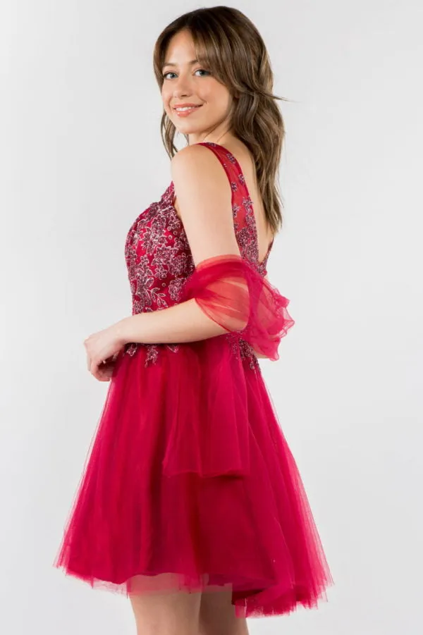 Elizabeth K - GS1968 - Embellished Bodice V-Neck Tulle Short Cocktail Dress