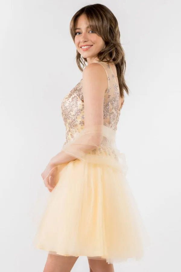 Elizabeth K - GS1968 - Embellished Bodice V-Neck Tulle Short Cocktail Dress