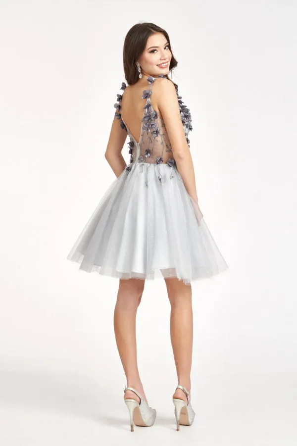 Elizabeth K - GS1999 - 3D Floral Applique Glitter V-Neck Cocktail Dress  - Short
