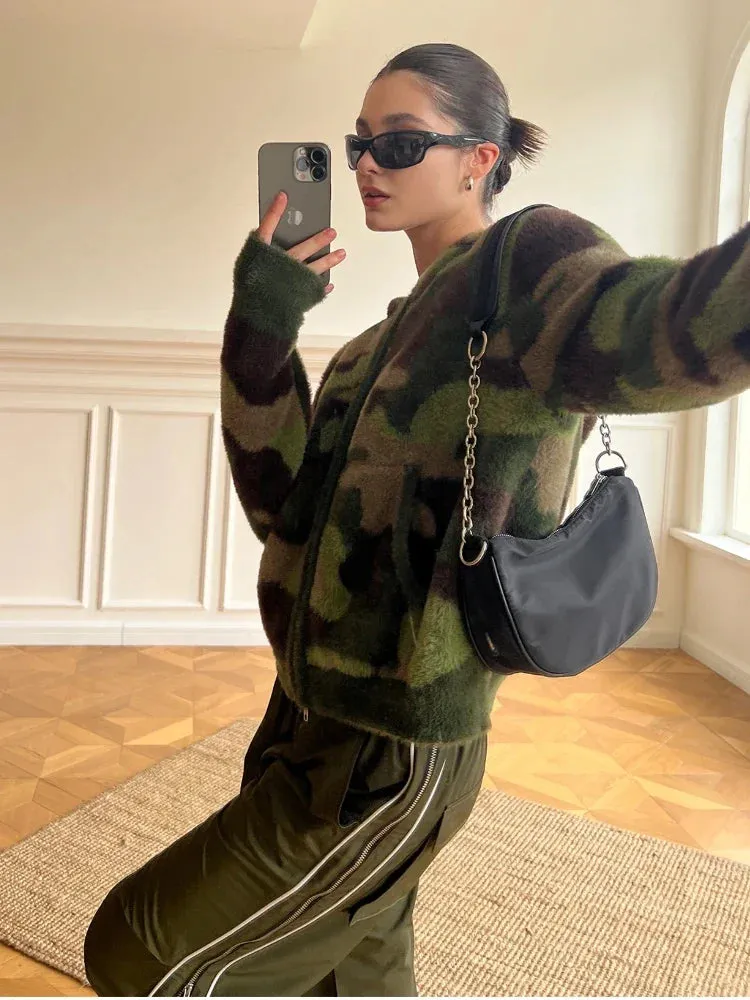 Fashionkova Camouflage Hooded Cardigan Women American Retro Long Sleeve Y2k Streetwear Zip Up Cardigan Autumn Winter Warm Sweater