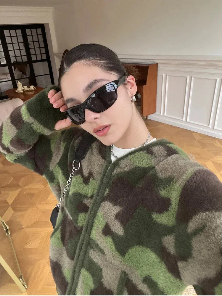 Fashionkova Camouflage Hooded Cardigan Women American Retro Long Sleeve Y2k Streetwear Zip Up Cardigan Autumn Winter Warm Sweater