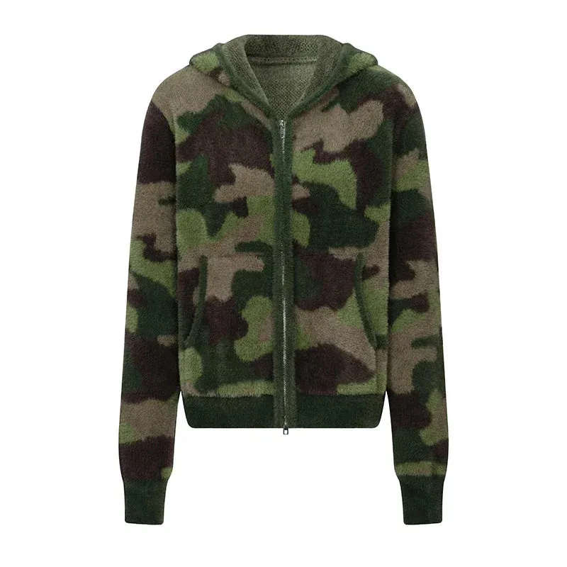Fashionkova Camouflage Hooded Cardigan Women American Retro Long Sleeve Y2k Streetwear Zip Up Cardigan Autumn Winter Warm Sweater