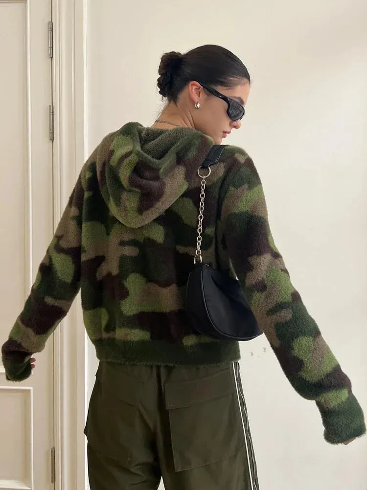 Fashionkova Camouflage Hooded Cardigan Women American Retro Long Sleeve Y2k Streetwear Zip Up Cardigan Autumn Winter Warm Sweater