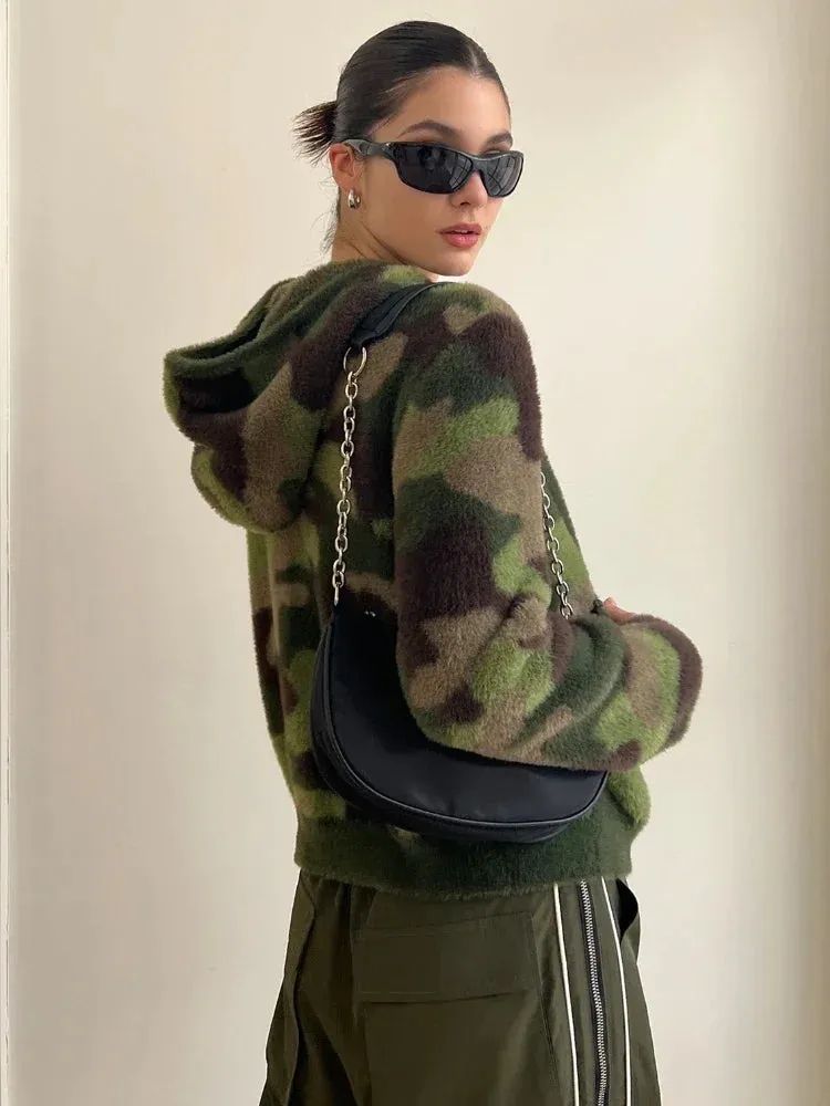 Fashionkova Camouflage Hooded Cardigan Women American Retro Long Sleeve Y2k Streetwear Zip Up Cardigan Autumn Winter Warm Sweater