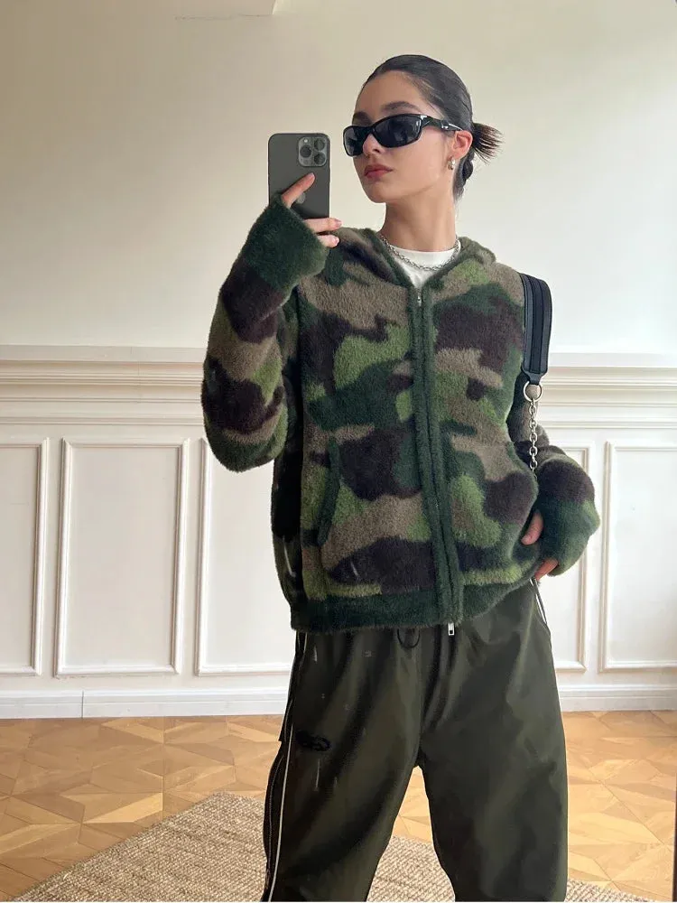 Fashionkova Camouflage Hooded Cardigan Women American Retro Long Sleeve Y2k Streetwear Zip Up Cardigan Autumn Winter Warm Sweater