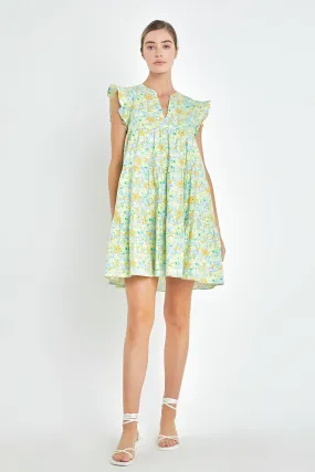 Floral Printed Babydoll V-Neck Mini Dress