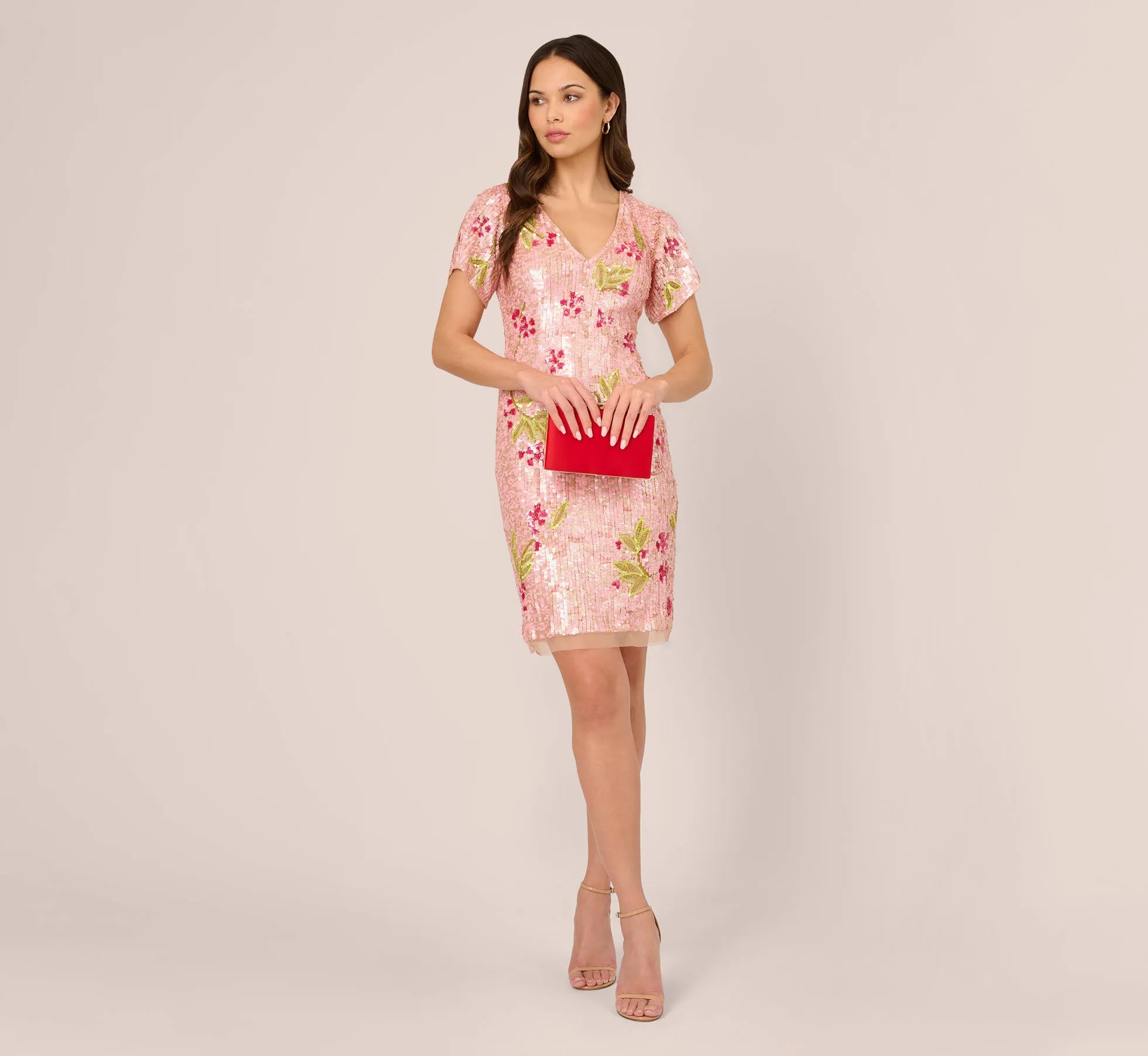 Floral Sequin Beaded Dress With Split Flutter Sleeves In Blush Multi