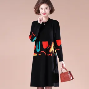 Geometry Pattern Round Neck Long Sleeve Knee Length A-line Knit Dress