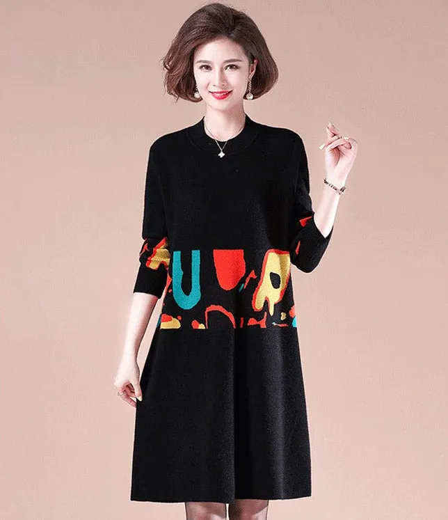 Geometry Pattern Round Neck Long Sleeve Knee Length A-line Knit Dress