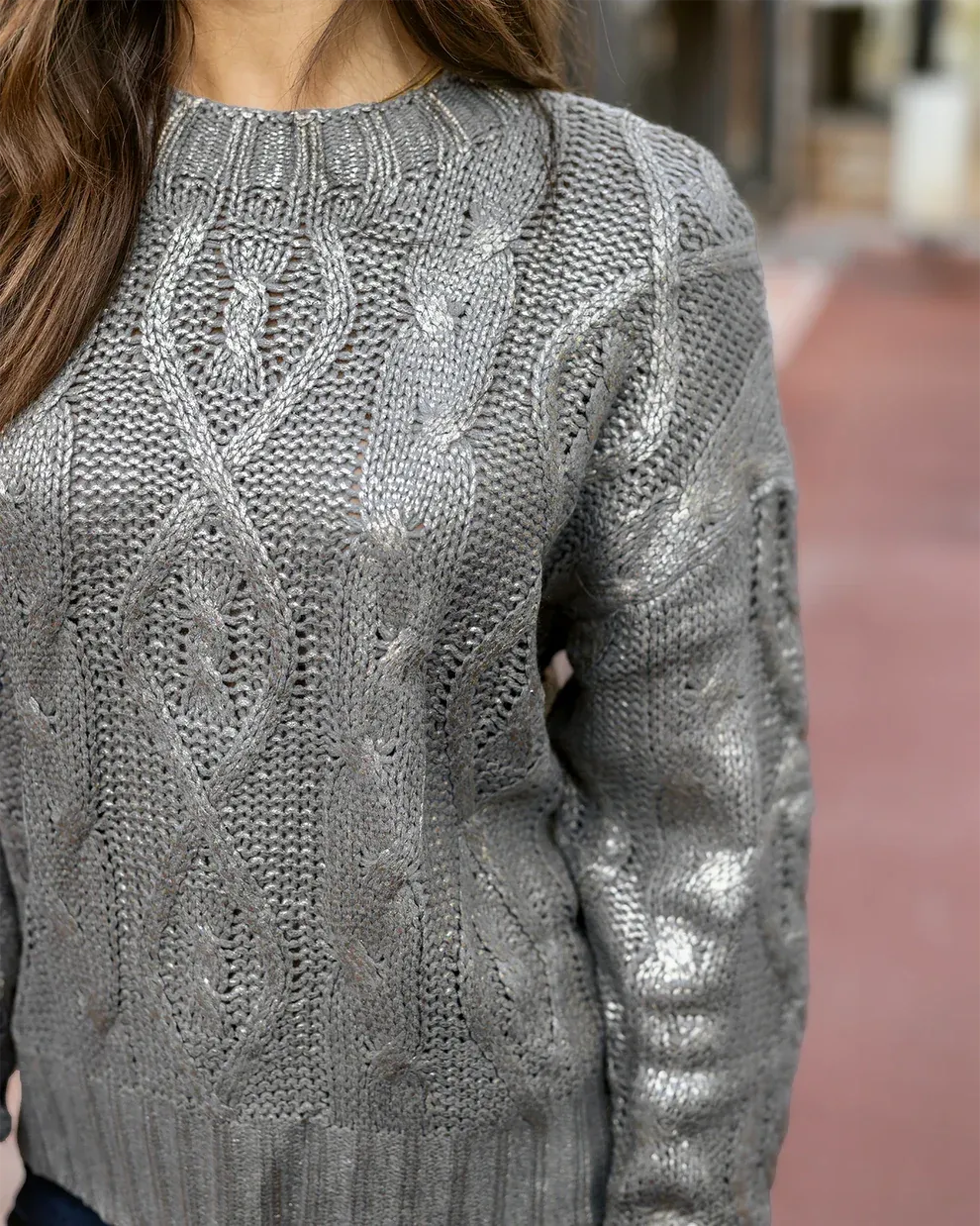 Grace & Lace Foiled Cable Knit Sweater - Champagne Shimmer