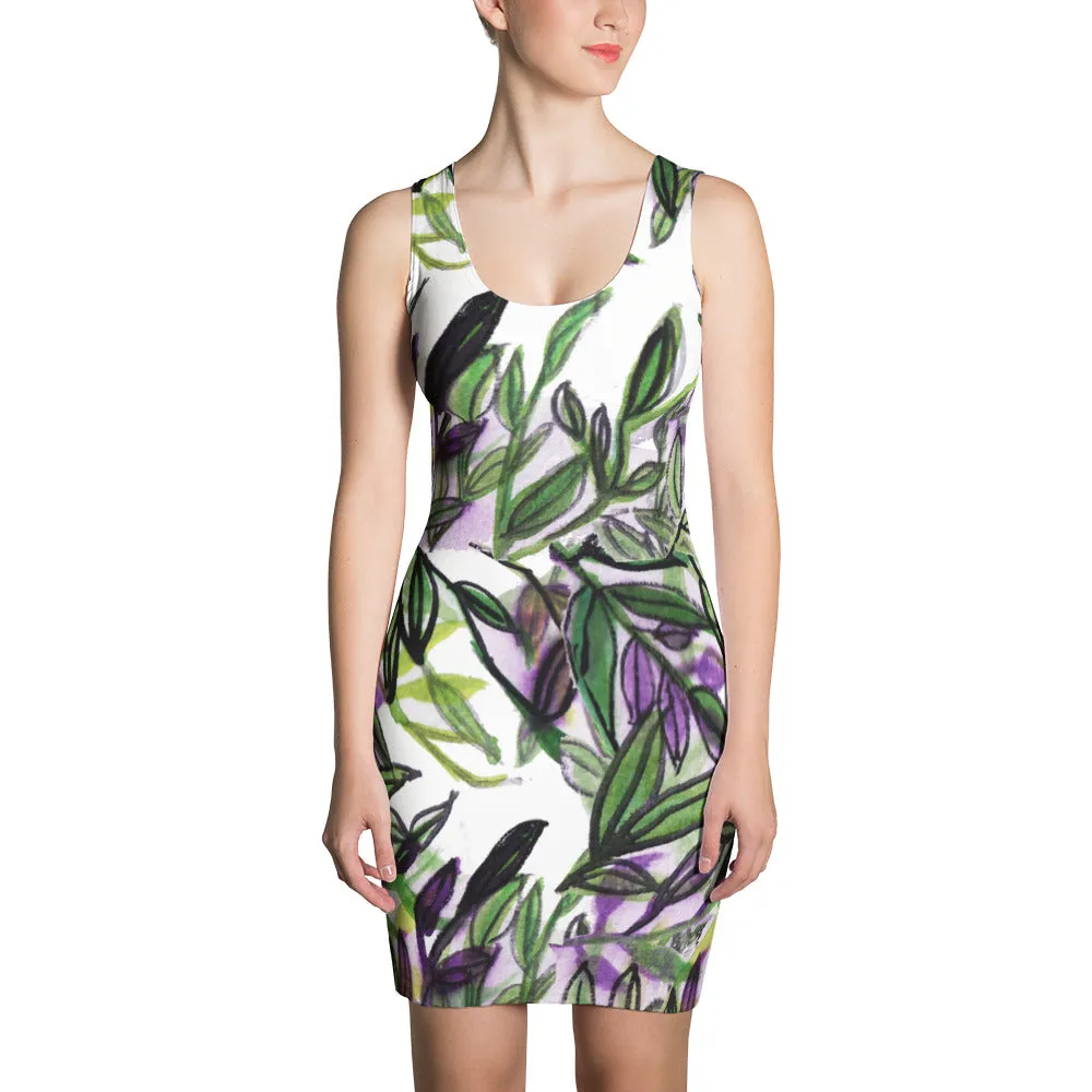Green Floral Tropical Print Dress, Palm Leaf Print Sleeveless Women's Designer Dress - Made in USA