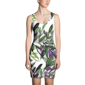 Green Floral Tropical Print Dress, Palm Leaf Print Sleeveless Women's Designer Dress - Made in USA