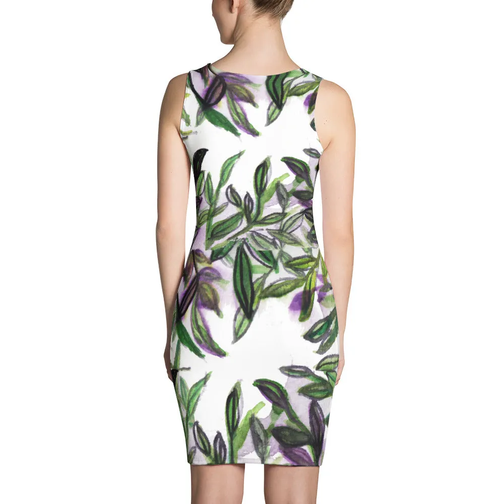 Green Floral Tropical Print Dress, Palm Leaf Print Sleeveless Women's Designer Dress - Made in USA